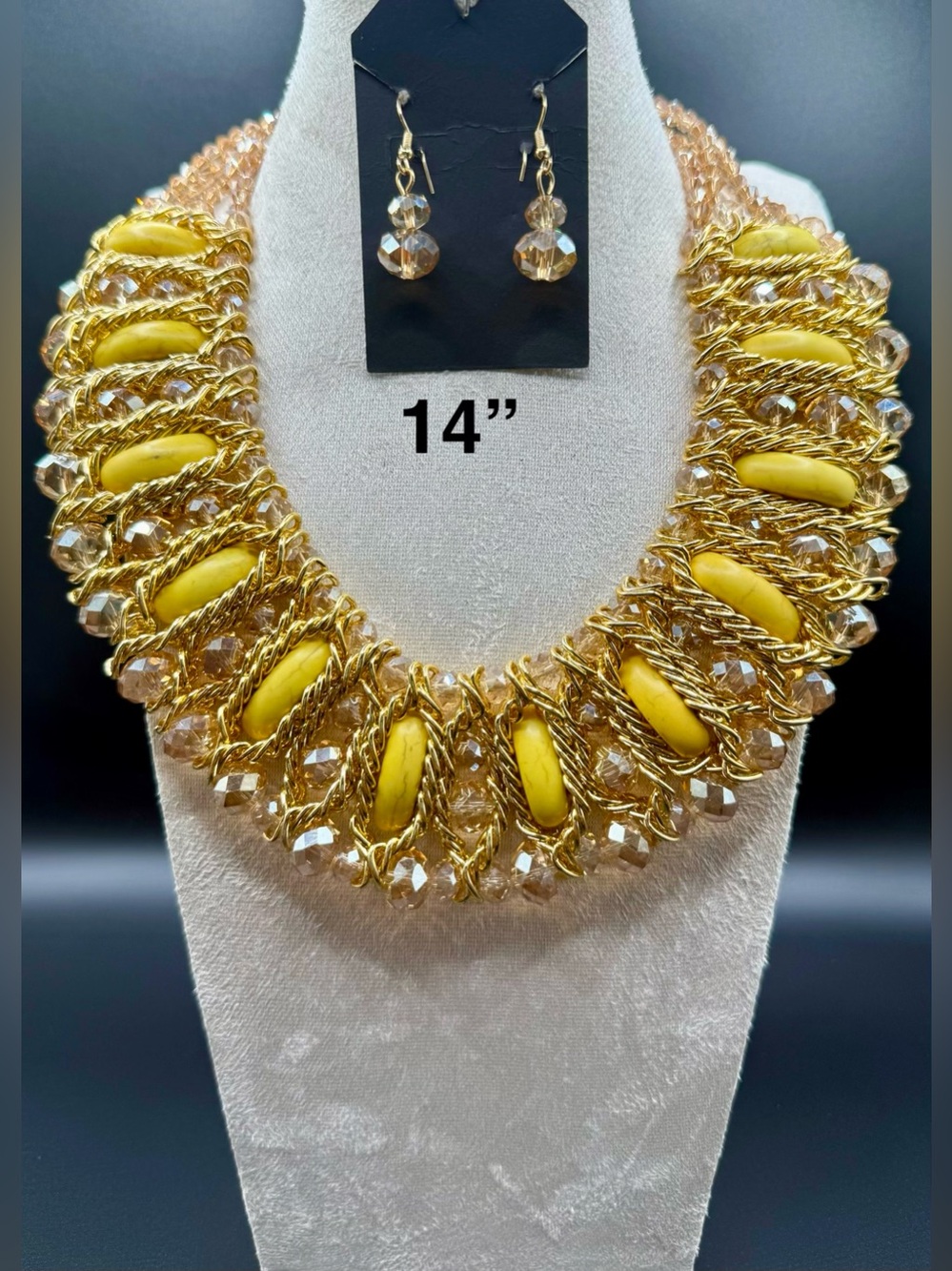 Gold-Tone Necklace with Yellow Beads and Crystal Accents - 14"